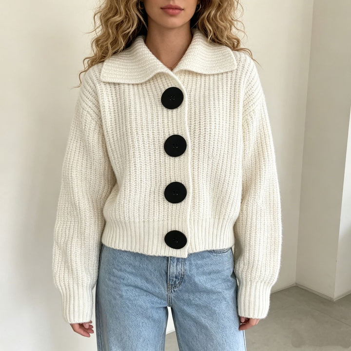 Women Chunky Knit Cardigan with Wide Lapel Collar Mune Fashion