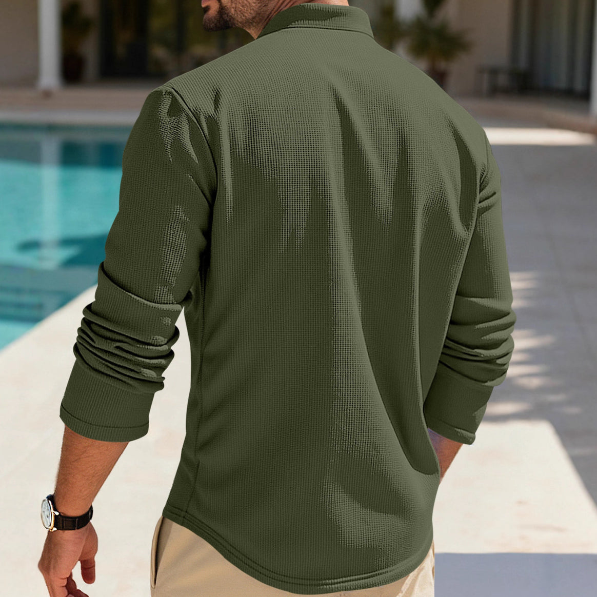 Men's structured long-sleeve henley with Nehru collar and tone-on-tone button placket Mune Fashion