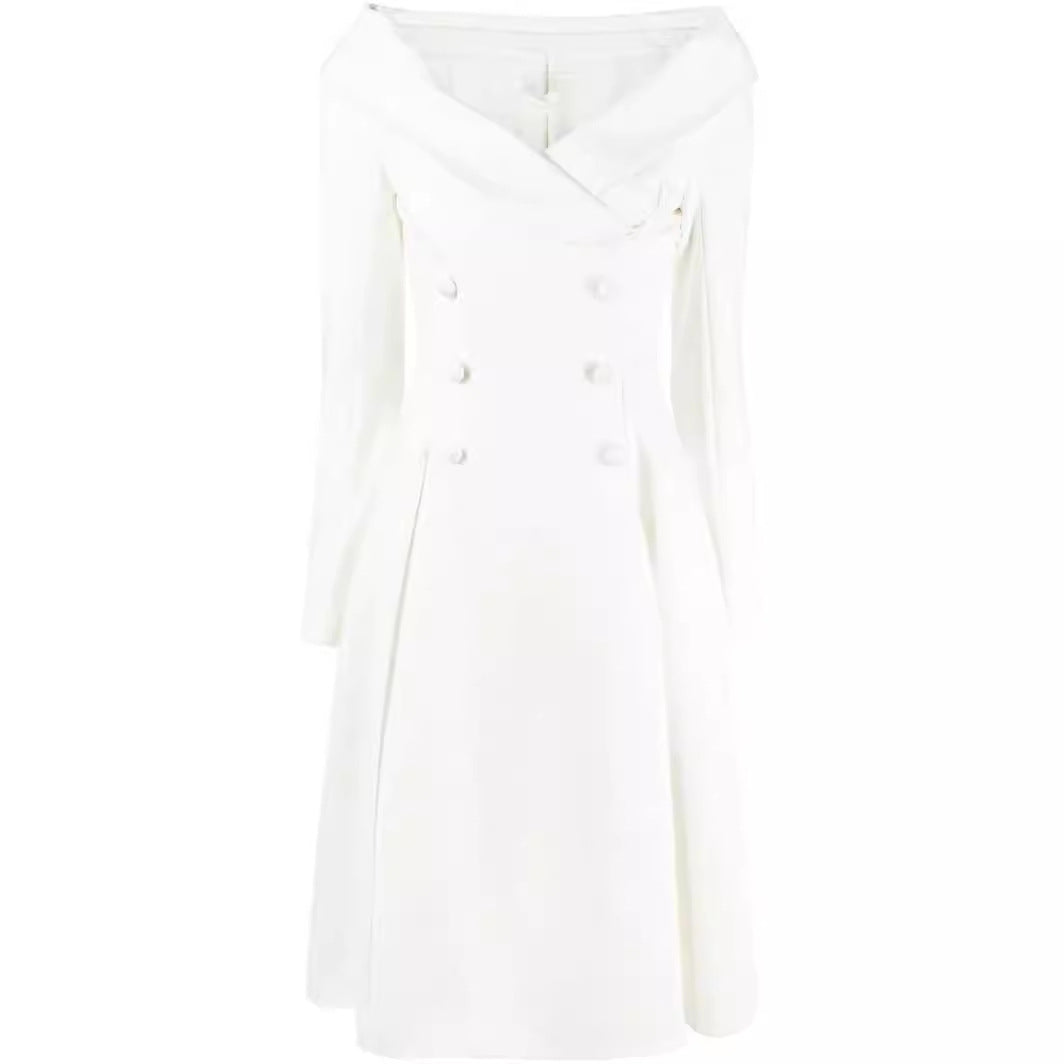 Women's maxi dress in coat look with off-the-shoulder collar and double row Mune Fashion