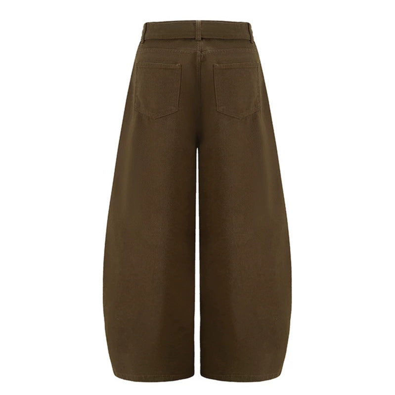 Women's Extra Wide High-Waist Palazzo Pants with Decorative Knee Patch, Tied Belt and Culotte Cut Mune Fashion