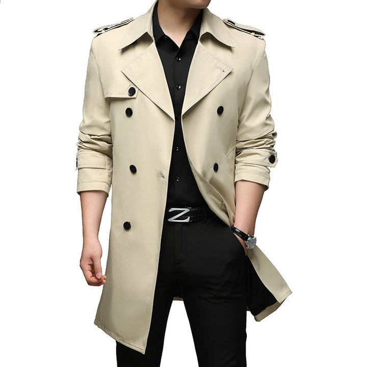 Men's Long Slim-Fit Double-Breasted Trench Coat with Epaulettes and Waist Belt Mune Fashion
