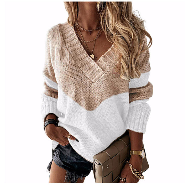 Women’s V-neck knitted pullover with chevron pattern and oversized fit Mune Fashion