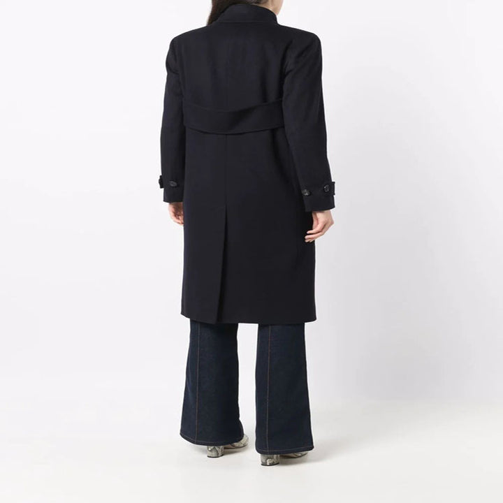 Women's Figure-Hugging Double-Breasted Wool Blend Long Coat with Draped Lapel Mune Fashion