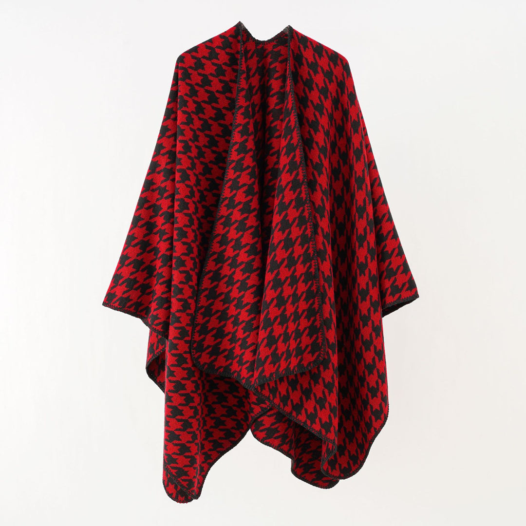 Women's knitted cape-style wrap with graphic houndstooth and decorative chain edge Mune Fashion