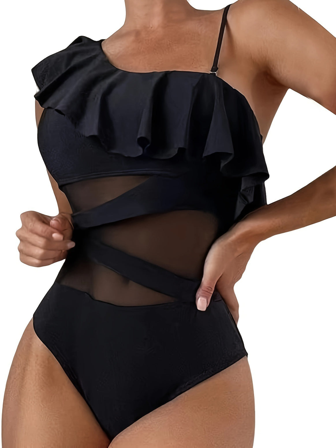Women's one-piece swimsuit with asymmetric ruffle design and elegant cut-out details Mune Fashion