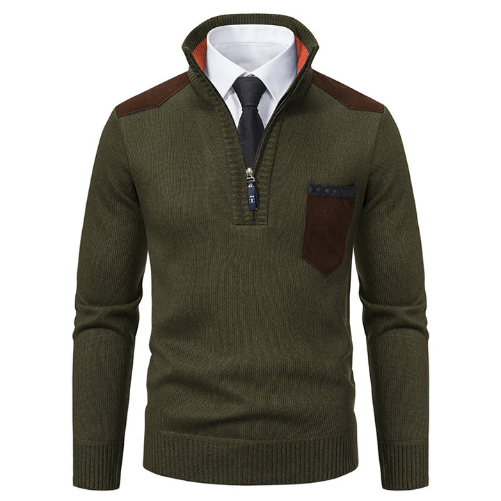 Men's fine knit half-zip pullover with stand-up collar, chest pocket and shoulder yoke Mune Fashion