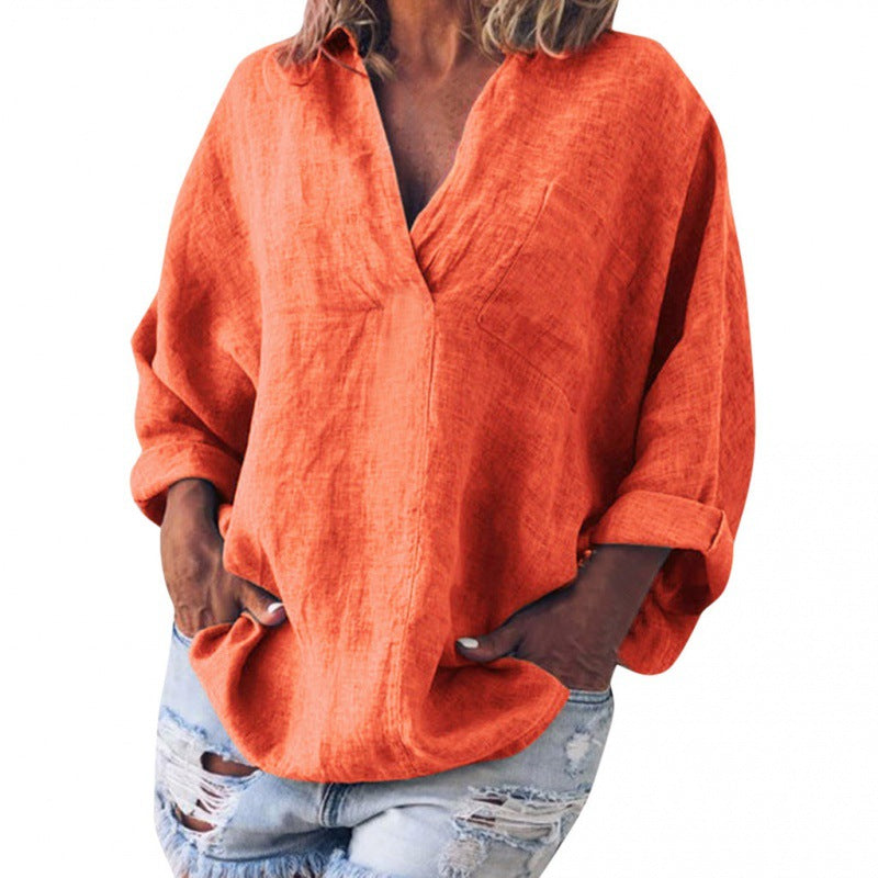 Women's Loose Linen Tunic with V-Neck and Roll-Up Sleeves Mune Fashion