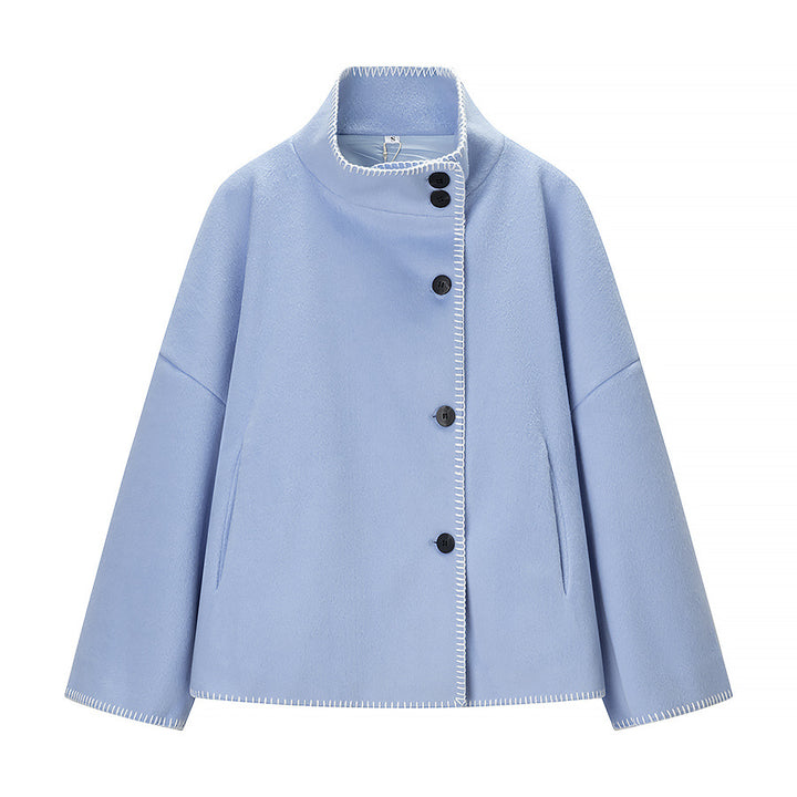 Women's Short Wool Cape Coat with Stand Collar, Contrast Stitching and Snap Button Closure Mune Fashion