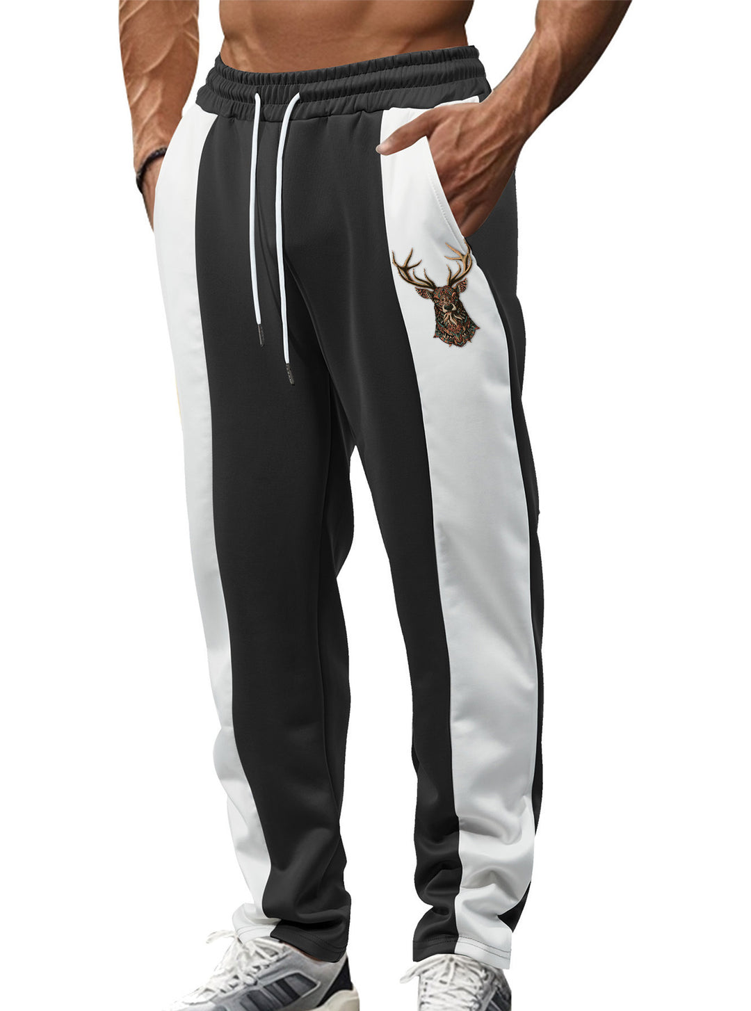 Men's sporty track pants with side contrast stripes, elastic waistband, drawstring, and deer embroidery Mune Fashion