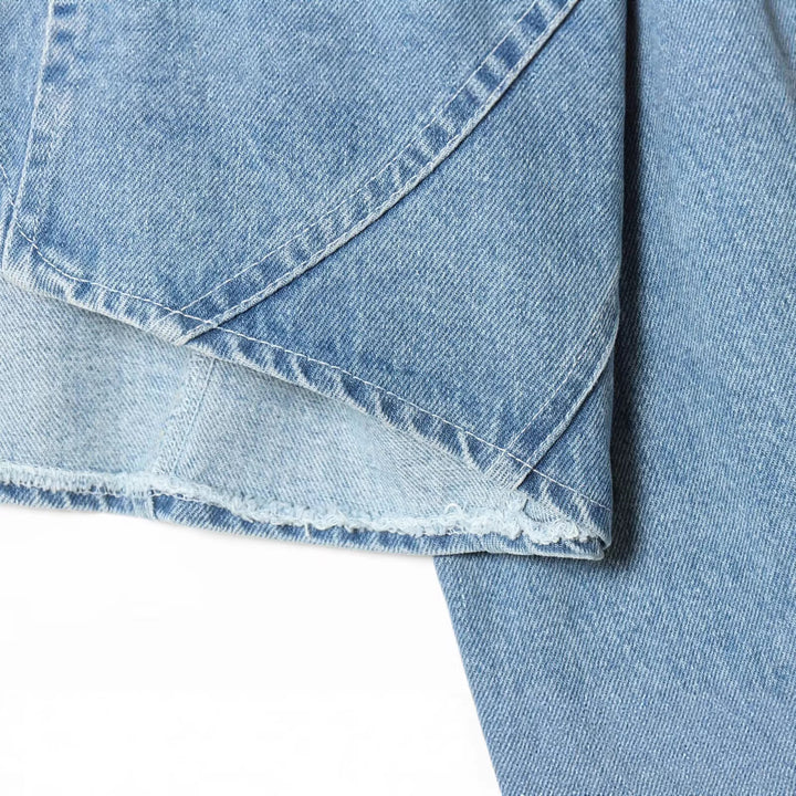 Women Cropped Denim Jacket with Asymmetrical Hem and Flap Pockets Mune Fashion