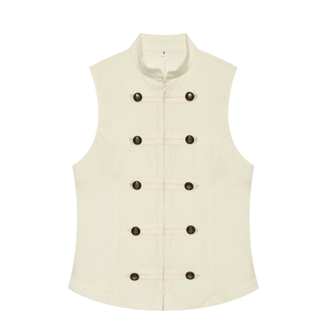 Women's fitted sleeveless military vest with stand-up collar and decorative button placket Mune Fashion