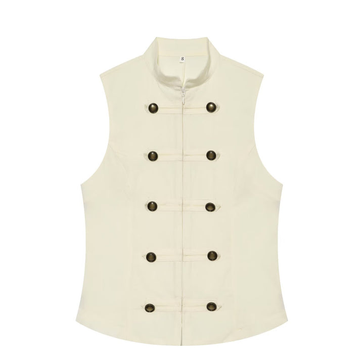 Women's fitted sleeveless military vest with stand-up collar and decorative button placket Mune Fashion