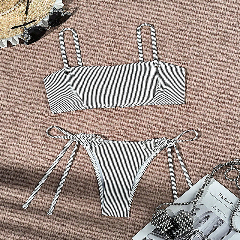 Ladies bandeau bikini set with elegant lacing and striped design Mune Fashion