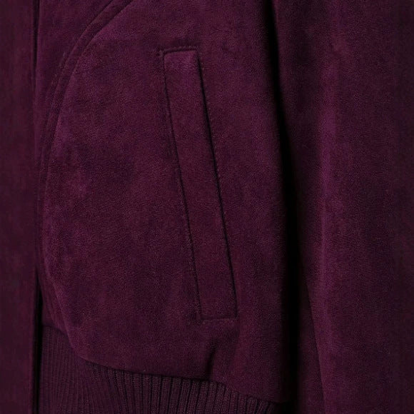 Women's Short Suede Bomber Jacket with High Ribbed Collar, Elastic Hem and Patch Pockets Mune Fashion
