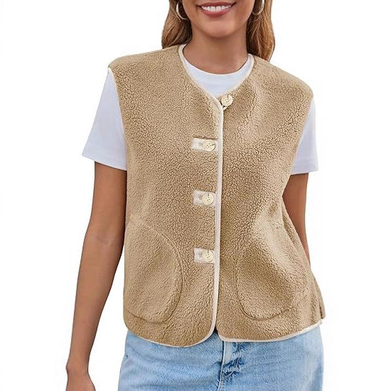 Women's teddy fleece vest with button placket and side pockets Mune Fashion