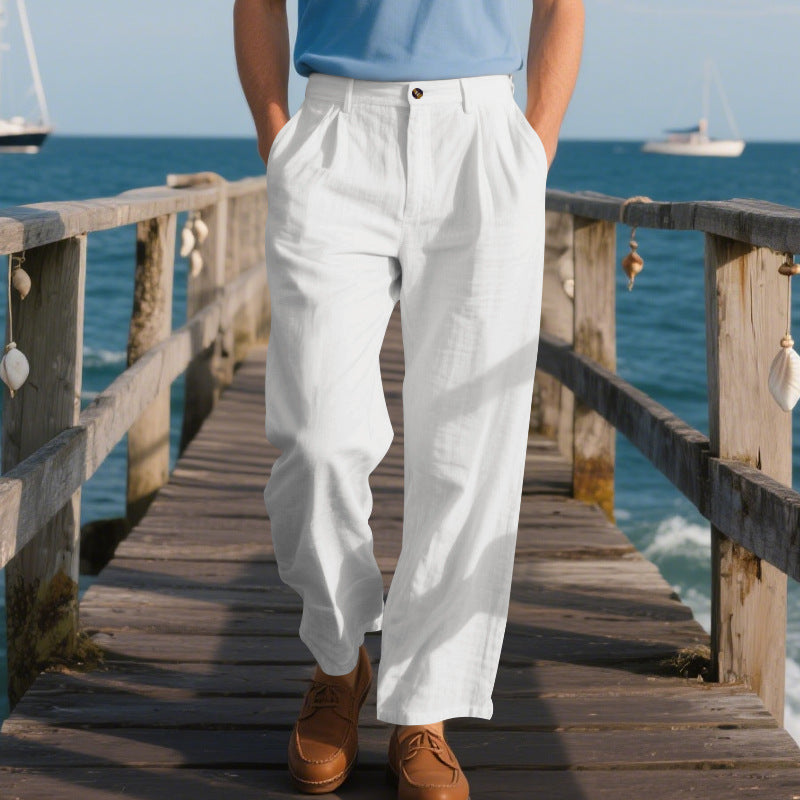 Men's loose linen pants with pleats, high waistband and side pockets Mune Fashion