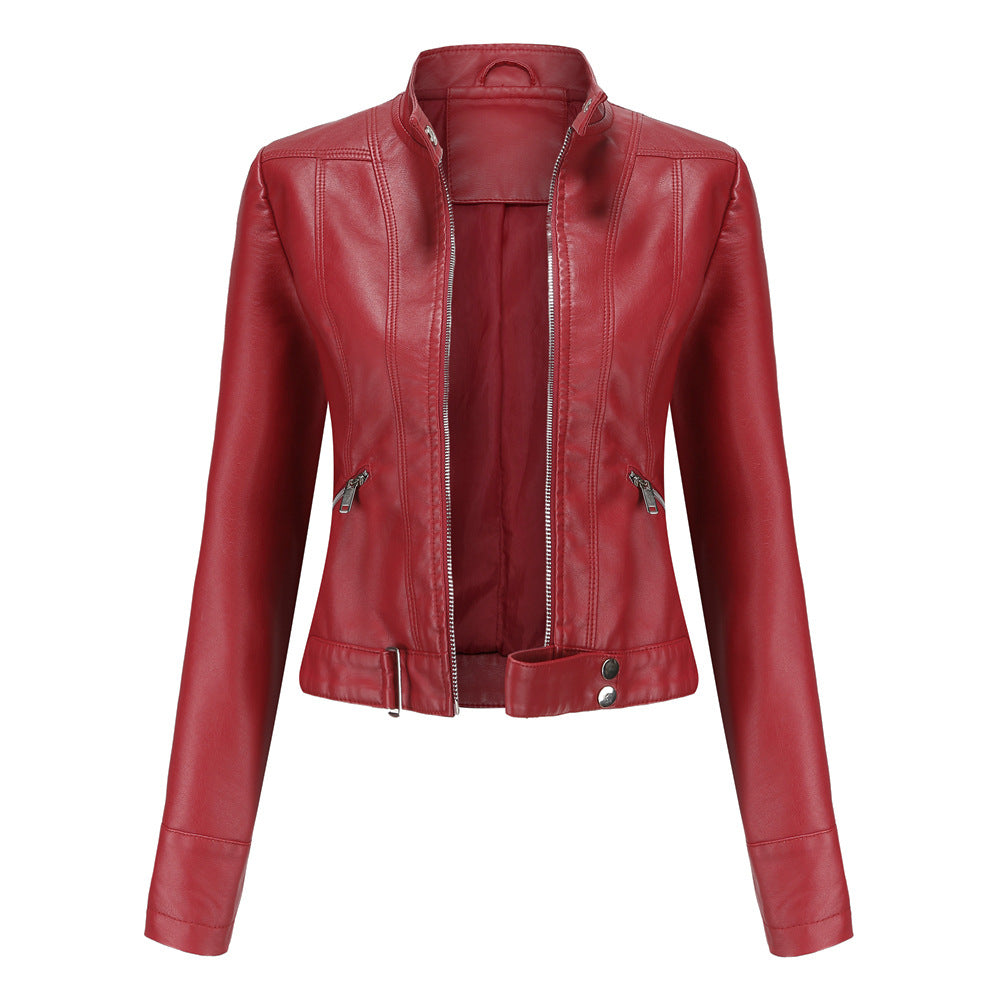Women's short fitted faux leather jacket in racer style with stand-up collar and zip pockets Mune Fashion