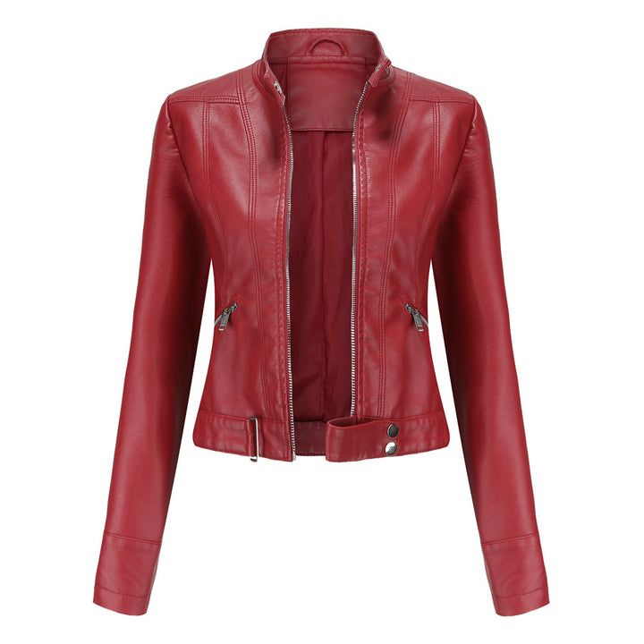 Women's short fitted faux leather jacket in racer style with stand-up collar and zip pockets Mune Fashion