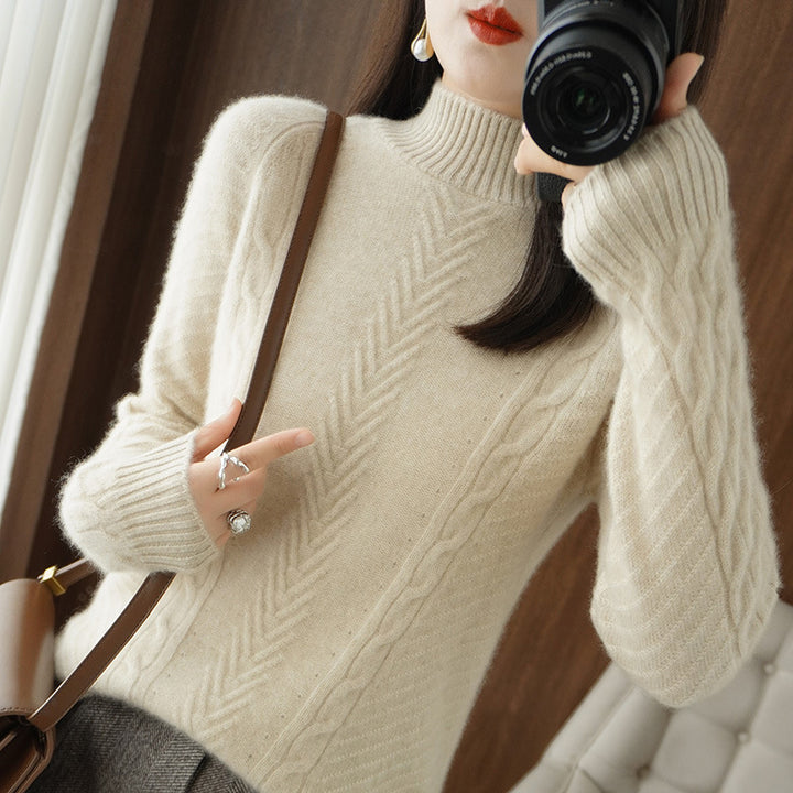 Women Lightweight Mohair-Look Stand Collar Sweater with Cable-Lace and Tailored Silhouette Mune Fashion