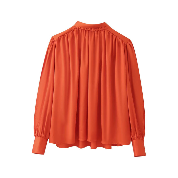 Women Silk-like Bow Blouse with Gathered Shoulder Yoke and Balloon Sleeves Mune Fashion