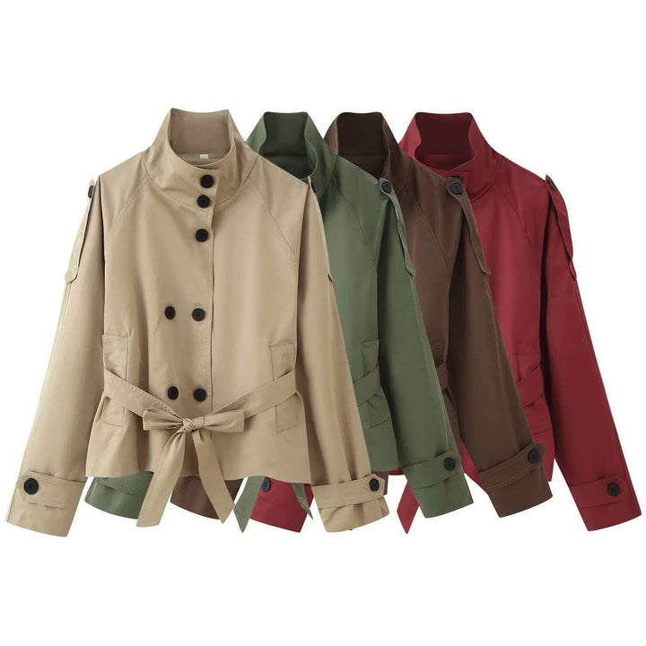 Women's short tailored trench coat with high standing collar, double-breasted button placket, and adjustable tie belt Mune Fashion