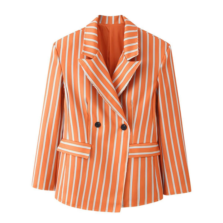 Women Double-breasted Stripe Blazer with Distinctive Lapels and Flap Pockets Mune Fashion
