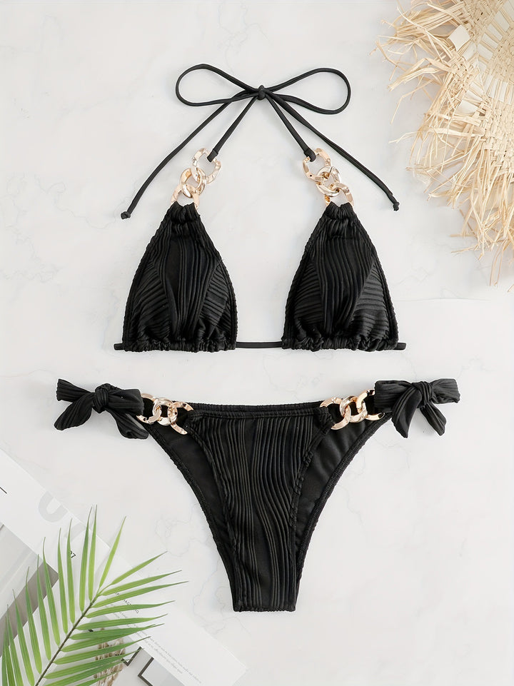 Ladies bikini set with luxurious ruffles and golden chain accents Mune Fashion