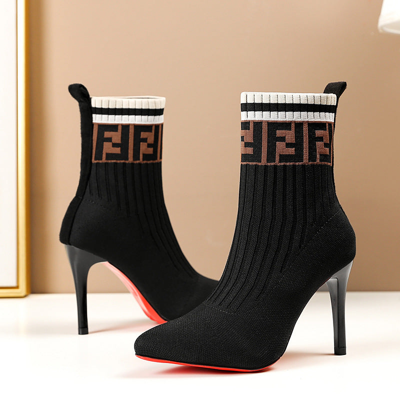 Women's elegant knitted sock ankle boots with slim stiletto heel and elastic shaft Mune Fashion