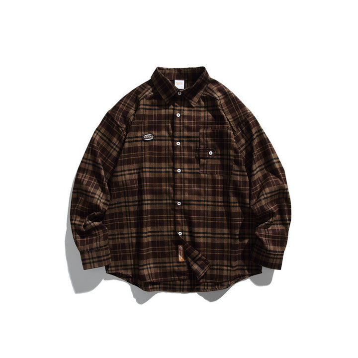 Unisex Loose Check Flannel Shirt in Wide Cut with Raglan Sleeves and Breast Flap Pocket Mune Fashion