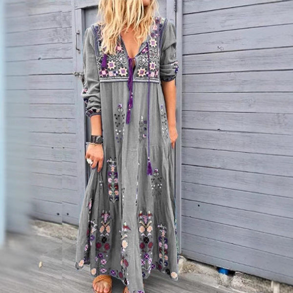 Ladies embroidered maxi dress with long sleeves, tassel closure and folkloric embroidery Mune Fashion