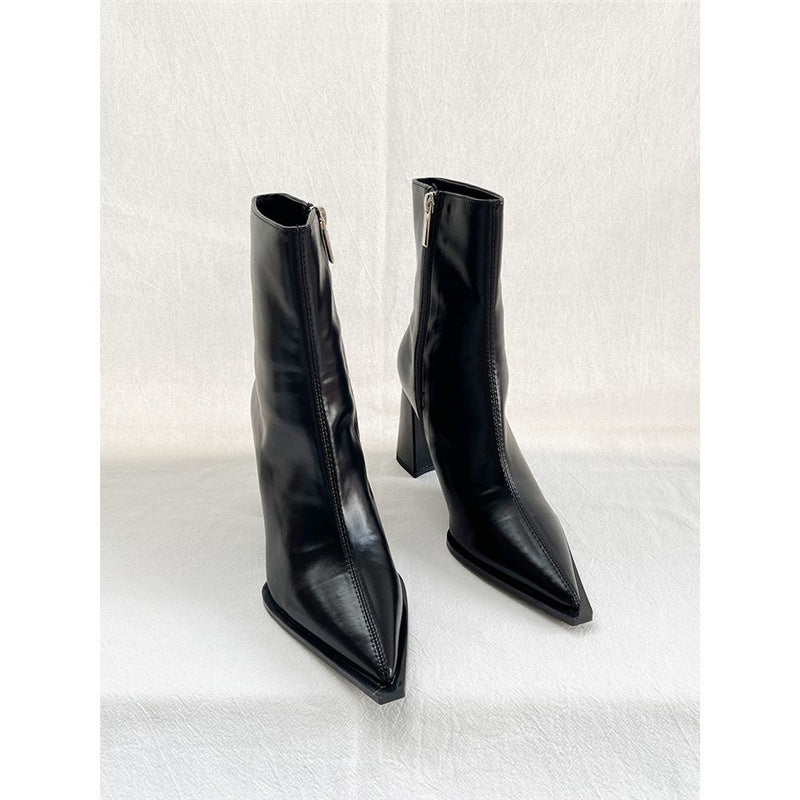 Women's Elegant Pointed Ankle Boots with Geometric Block Heel and Slim Shaft Cut Mune Fashion