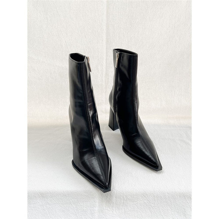 Women's Elegant Pointed Ankle Boots with Geometric Block Heel and Slim Shaft Cut Mune Fashion