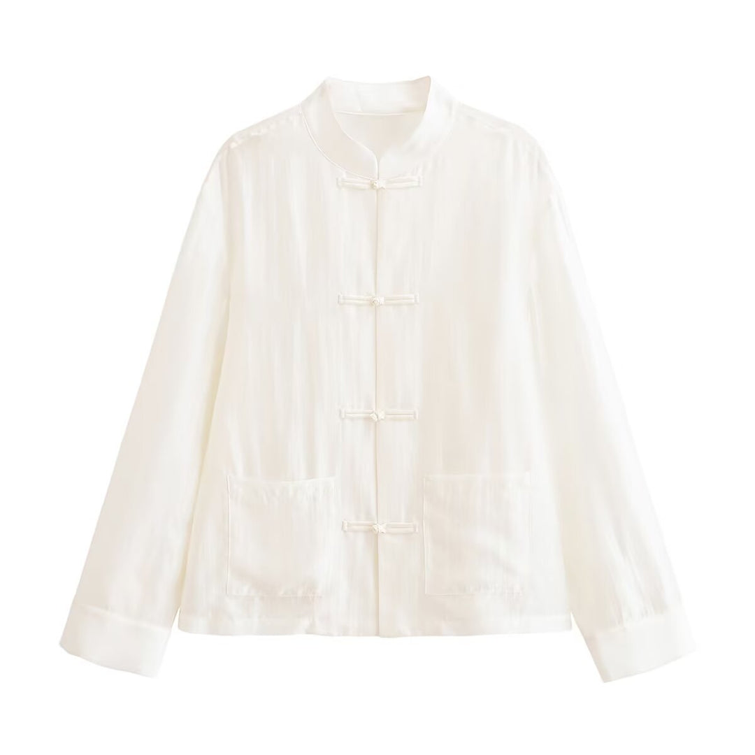 Women loosely cut jacket with mandarin collar and knot closures Mune Fashion