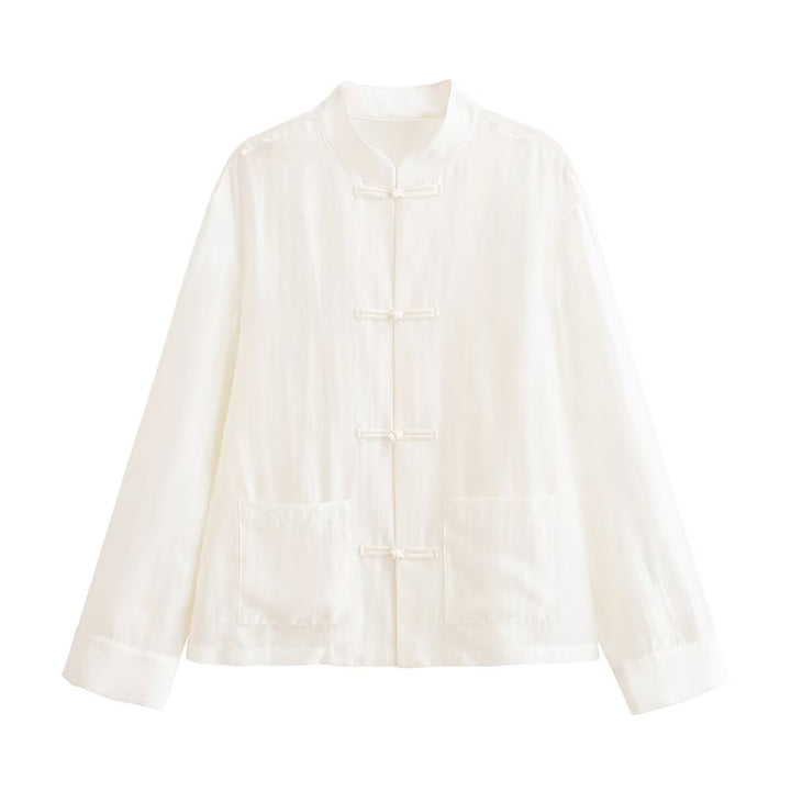 Women loosely cut jacket with mandarin collar and knot closures Mune Fashion
