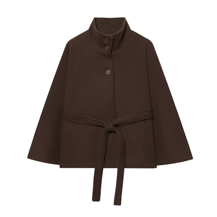 Women Short Cape Coat with Stand Collar, Button Placket and Tie Belt Mune Fashion