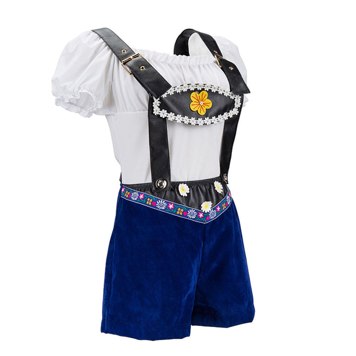 Ladies playful overall shorts set with Carmen blouse, adjustable straps and floral application Mune Fashion