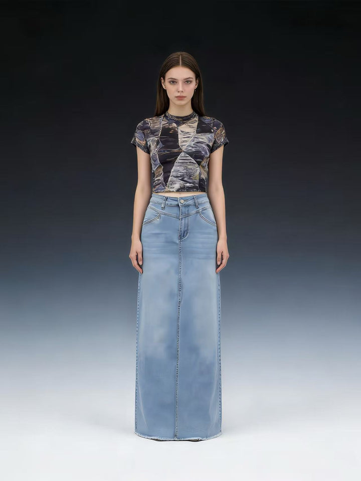 Ladies nan longer High-Waist Denim Maxi Skirt with straight silhouette and raw hem Mune Fashion