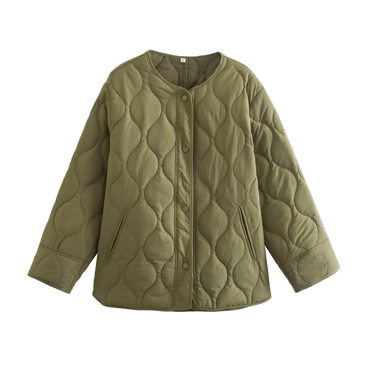 Women Padded Quilted Jacket in Boxy Cut with Round Neckline Mune Fashion