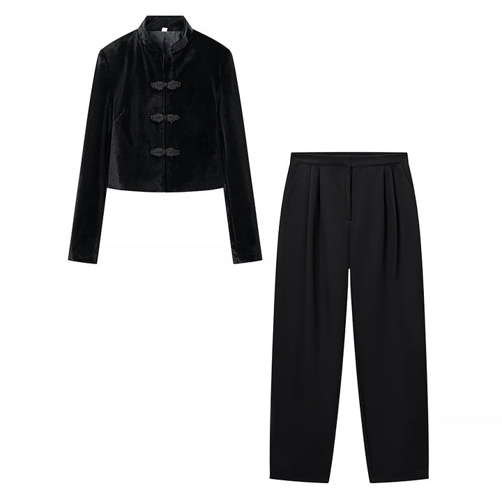 Women's Two-Piece Set with Tailored Short Mandarin Jacket and High-Waisted Pleated Trousers Mune Fashion