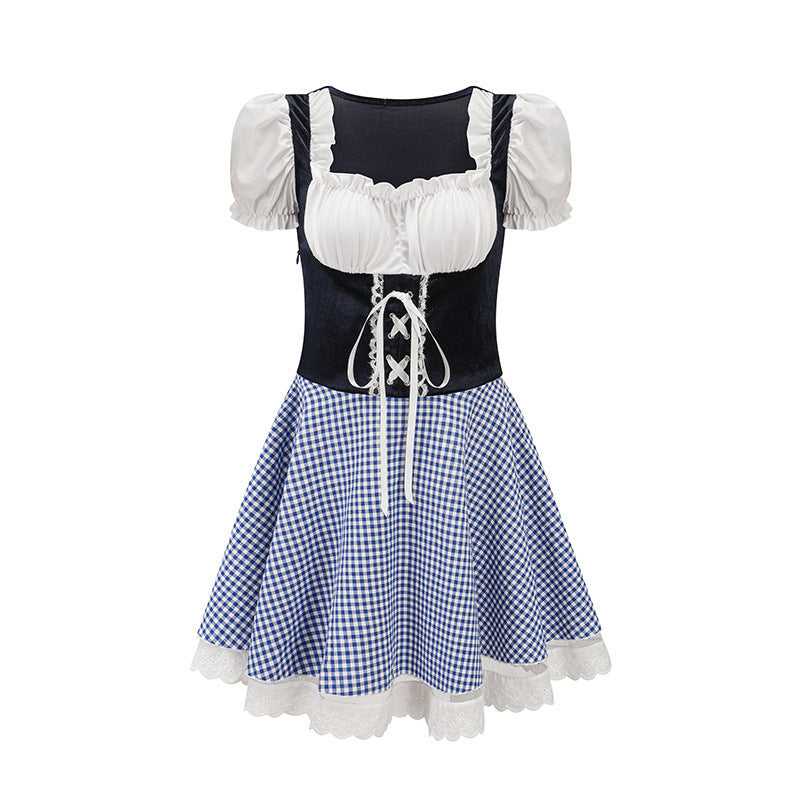 Women’s mini dirndl inspired by Bavarian style with laced bodice, puff sleeves, and checkered skirt Mune Fashion
