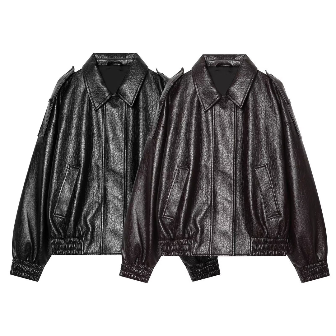 Women's Oversized Faux Leather Bomber Jacket with Epaulettes and Gathered Hem Mune Fashion