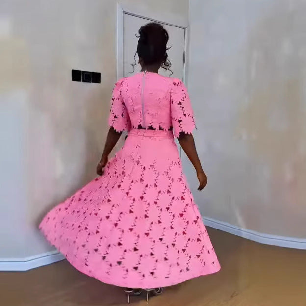 Ladies two-piece guipure lace set with cropped blouse and flared midi skirt Mune Fashion