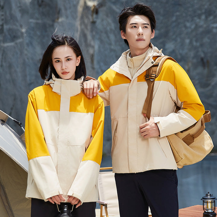 Unisex two-layer water-repellent outdoor jacket with hood and color block design Mune Fashion