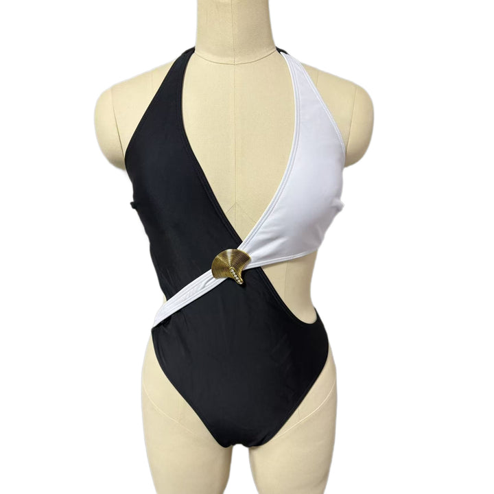 Women Elegant one-piece swimsuit with asymmetrical design and gold buckle Mune Fashion
