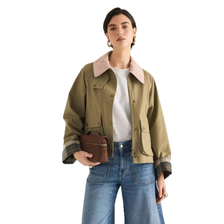 Women's transitional jacket with corduroy collar, checkered inner cuffs, and patch pockets Mune Fashion