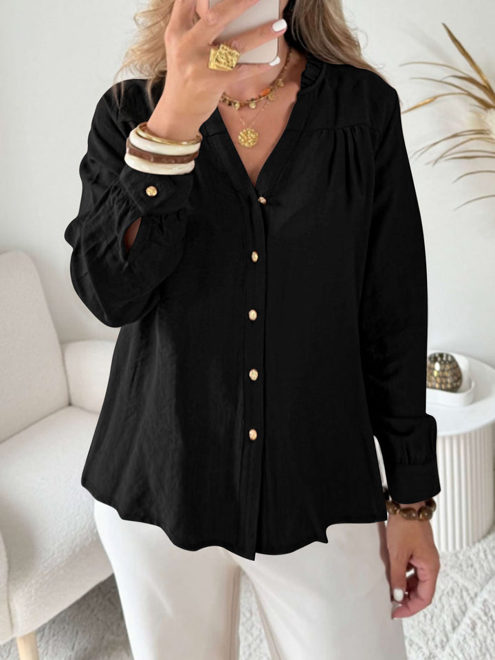 Women Loose Blouse Shirt with V-Neck, Ruffle Hem and Golden Decorative Buttons Mune Fashion
