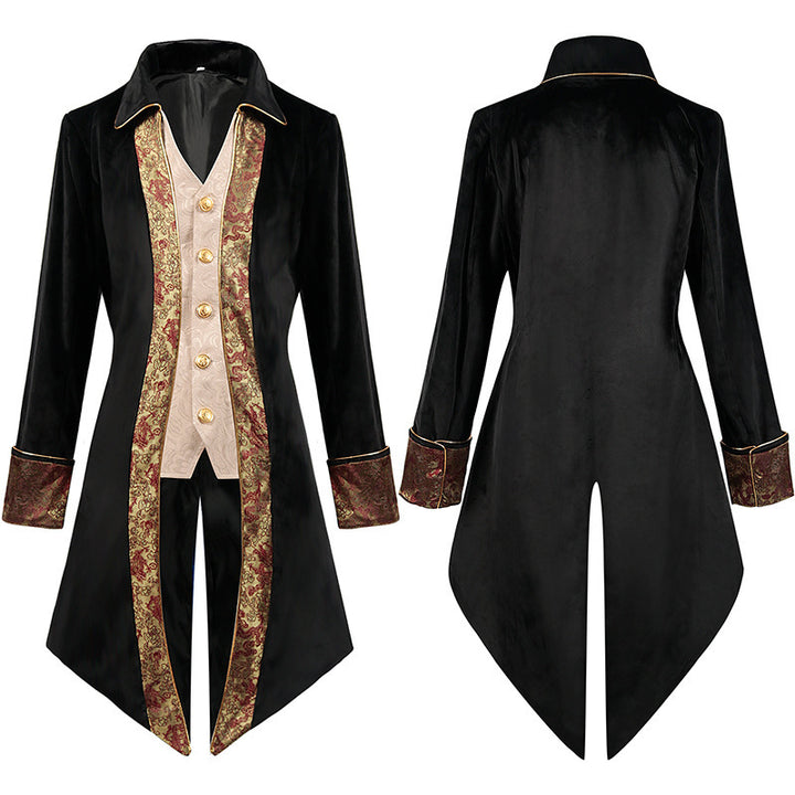Men's nano baroque velvet tailcoat with gold-embroidered back appliqué and decorative brocade trim.