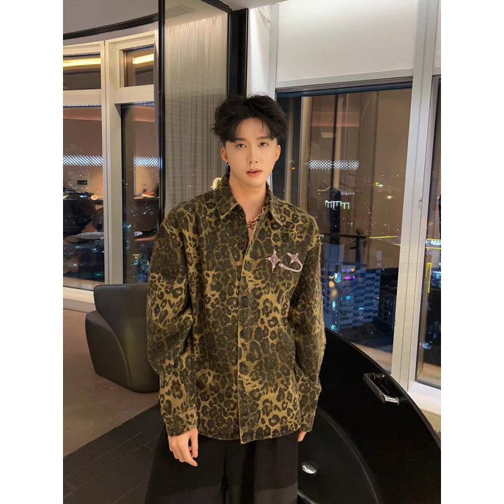 Men's Overshirt-Shirt Jacket in Leopard Print with Embroidered Chest Logo Mune Fashion