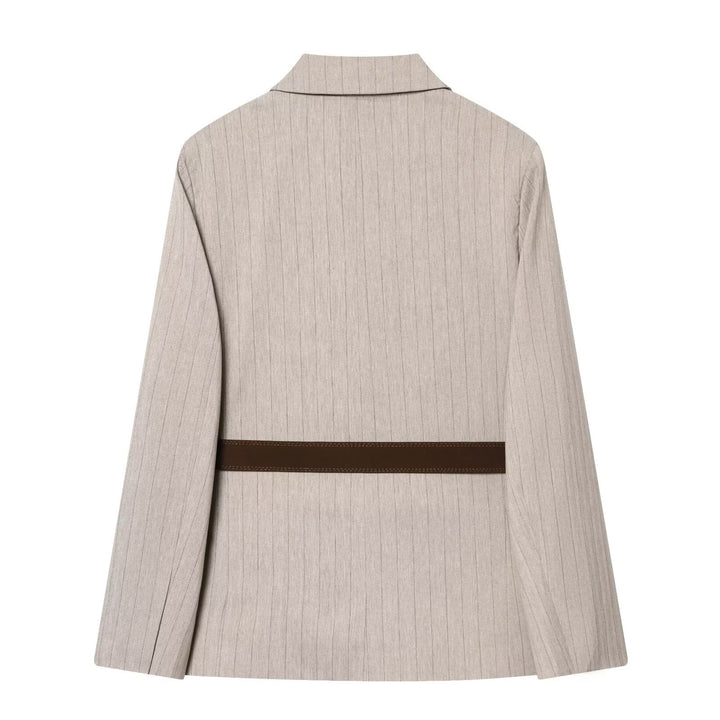 Women's Tailored Pinstripe Blazer with Contrast Belt and Notched Collar Mune Fashion