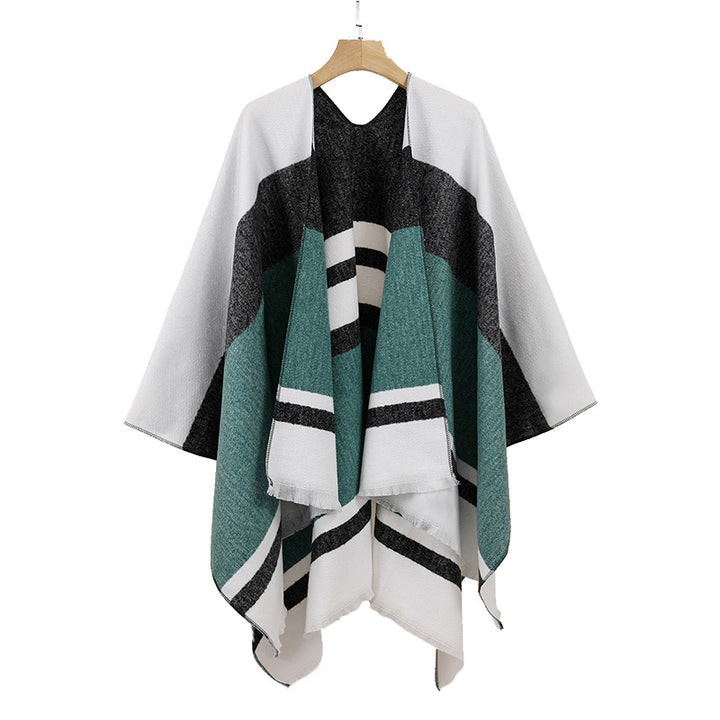 Women's Lightweight Cape Poncho made of fine knit with geometric block stripe design Mune Fashion